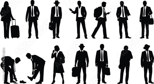Business people silhouettes in formal attire standing, walking, traveling, and talking vector illustration for corporate, office, and professional design projects