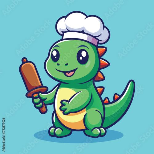 Cute cartoon dinosaur chef mascot holding a rolling pin, smiling.