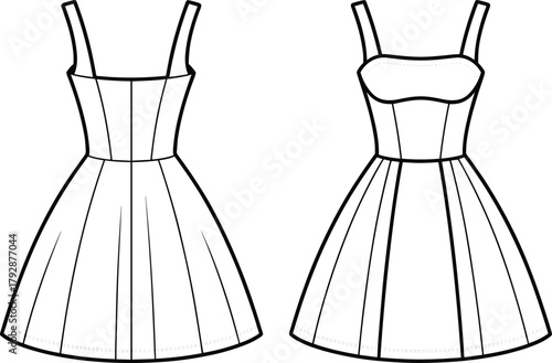Sleeveless dress technical sketch, front back view, fitted bodice, flared skirt, fashion flat, cad drawing flat vector illustration