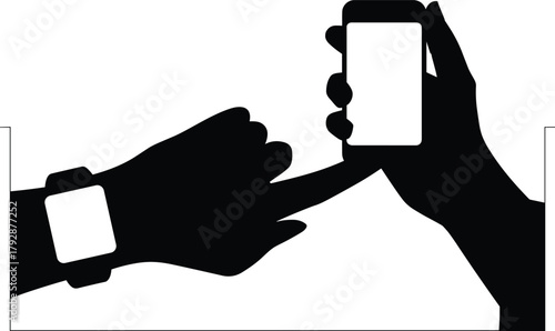Smartwatch and smartphone hands silhouette vector, modern digital technology illustration, mobile device connection concept, touchscreen communication and wearable gadget design graphic