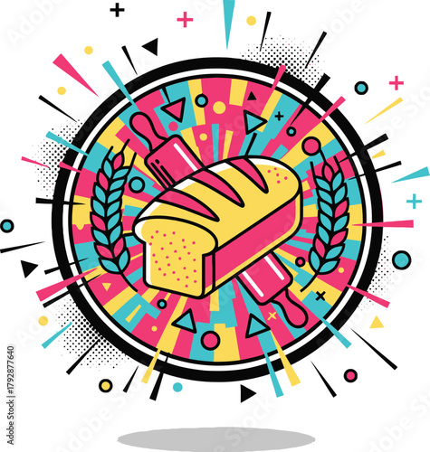 Old Bakery Emblem Vector Illustration in Vibrant Pop Art Style Featuring Bread Loaf, Rolling Pin, and Wheat Ears