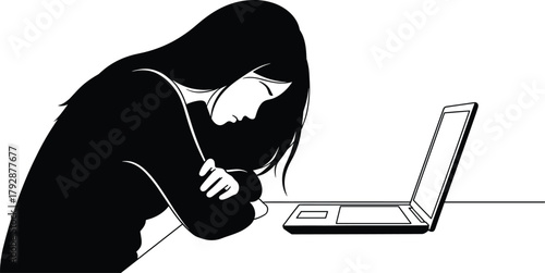 Tired woman sleeping at desk with laptop vector illustration showing exhaustion, burnout, and overwork concept in modern workplace design