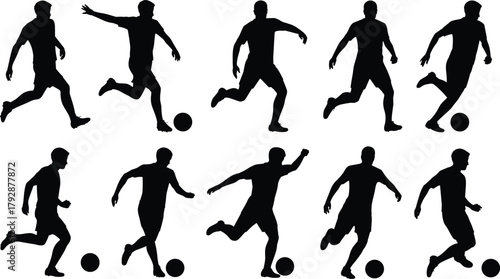 Soccer player silhouette vector set, black football action poses, dribbling, kicking, running, isolated sports icons for motion, training, athletic design