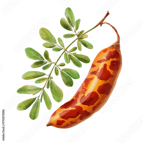 A hand drawn flat 2D illustration of Vibrant tamarind pod and leaf Collection isolated on a white background, vector icon set, simple design in a flat design, simple 2D illustration, EPS format