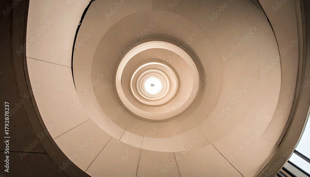 Fototapeta premium A view looking directly up into a modern spiral staircase, with concentric circles of concrete or stone leading to a bright light source at the top.