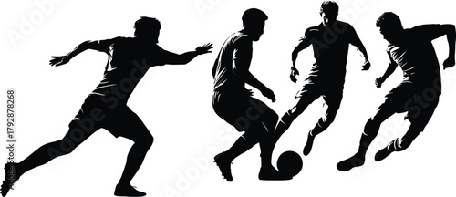 Soccer players silhouette in action, football team competition dynamic movement, sports training, dribbling, running, teamwork and energy concept vector illustration design