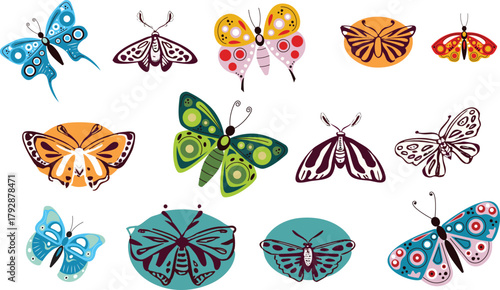 Groovy seamless border butterfly set in retro floral style. Pattern with colorful spring butterfly and moth forms. Collection of seamless border frames for modern creative projects