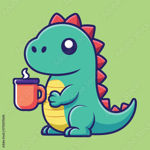 Cute cartoon dinosaur character holding a hot coffee mug drink