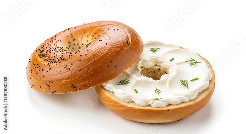 Delicious everything bagel with cream cheese and dill on white background