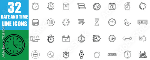 Collection of 32 hand drawn icons representing time and clocks with various styles and designs