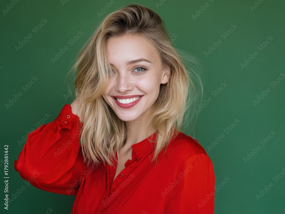 Obraz premium Smiling person with blond hair, bright red blouse, and blue eyes, looking directly at the camera. They have a relaxed pose, hand to their hair, radiating warmth and friendliness