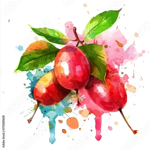 A watercolor sliced jujube fruit branch painting illustration isolated on a white background, a sliced jujube fruit illustration, simple painting