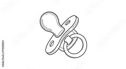 Black and white line drawing of a baby pacifier with a ring for attachment.