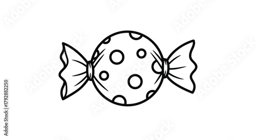 Simple black and white outline drawing of a round candy with polka dots and twisted ends.