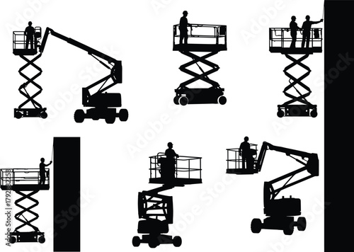 Silhouettes of aerial work platforms, boom lifts, scissor lifts, vertical mast lifts, construction workers at height, industrial safety, vector illustration set