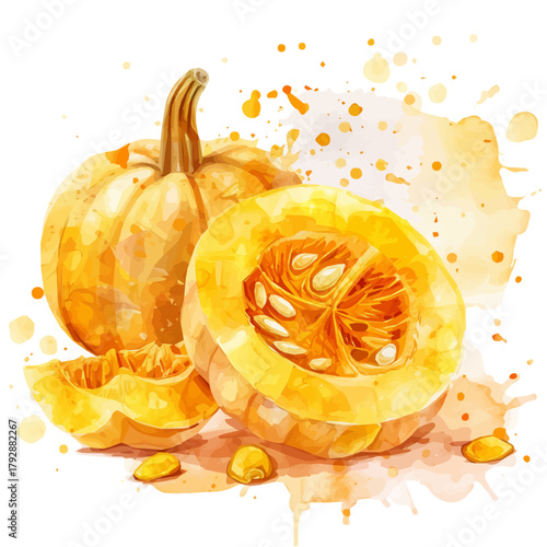 A watercolor sliced kabocha squash painting illustration isolated on a white background, a kabocha squash illustration, simple painting