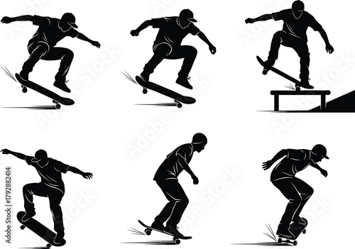 Skateboarder silhouette vector illustration, extreme sports action poses, black and white skateboarding tricks, urban street style, dynamic movement design