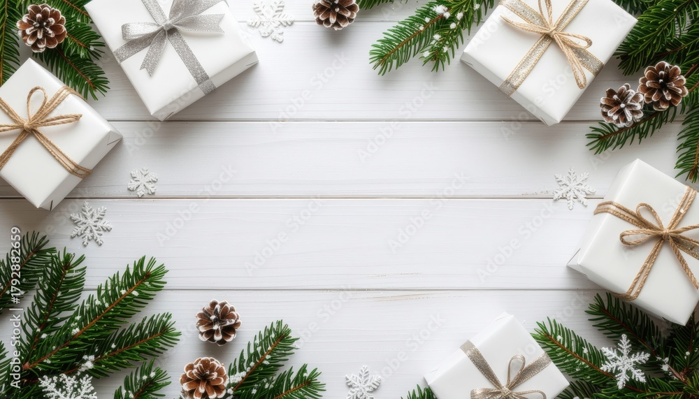 Fototapeta premium Festive gift arrangement holiday season still life indoor top view celebration vibes