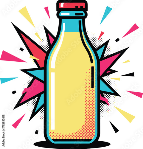 Retro Milk Bottle Vector Illustration in Vibrant Pop Art Style with Yellow Liquid and Explosive Comic Background