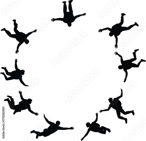 Skydiving silhouettes in circular formation, parachute jumpers free falling, teamwork adventure vector illustration, extreme sport activity concept, isolated on white background