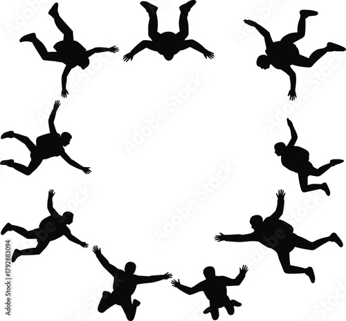 Skydiving silhouettes vector illustration, group of parachutists in freefall formation, extreme sport teamwork concept, skydivers flying in circle, adventure and adrenaline activity