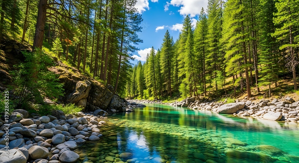 Fototapeta premium Crystal clear turquoise river flowing through a lush green forest with rocky banks