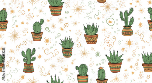 Seamless pattern of potted cacti and succulents with decorative starbursts and swirls.