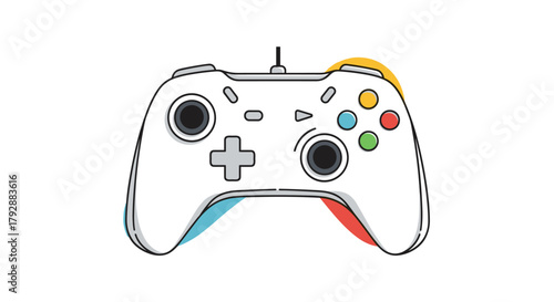 Illustration of a white video game controller with colorful buttons and accents on a white background.
