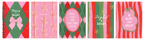 Set of Christmas greeting card, banner, poster, cover in trendy hand drawn doodle style. Modern absrtract Xmas design with rhombuses, stripes, waves, whimsical frames and bow.