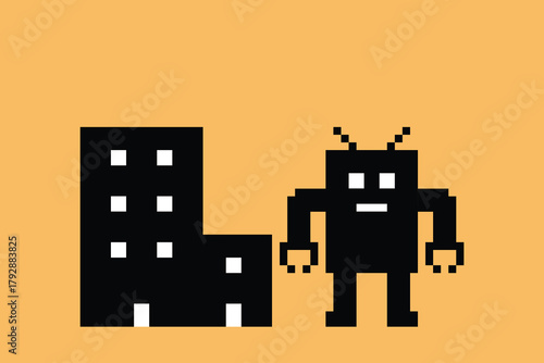 Cartoon pixel art of humanoid robot learning toy robotic engineer bot machine business vector character automation electronic background 8 bit artificial intelligence concept.