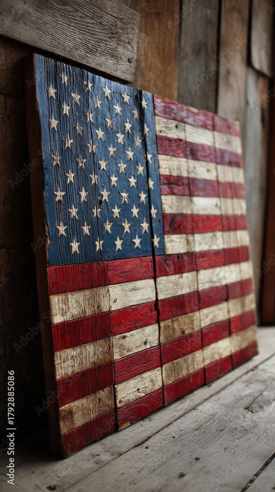 Obraz premium Rustic wooden American flag, hand painted, distressed texture, vintage, patriotic wall art
