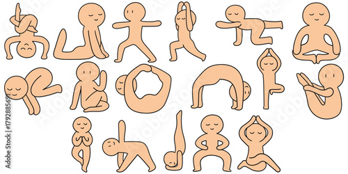 Hand-drawn cartoon set of yoga on a white background.