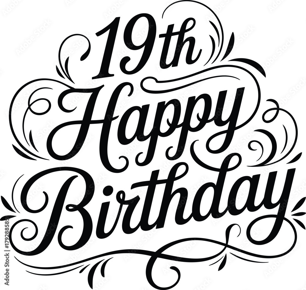Fototapeta premium Elegant 19th Happy Birthday vector design with cursive script and ornamental flourishes, perfect for festive greeting and decoration themes.