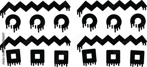 Abstract geometric pattern vector illustration, black dripping shapes with zigzag lines, circular and square elements, modern minimalist decorative design, isolated graphic artwork