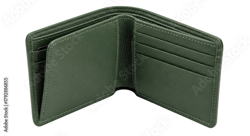 Isolated open olive-green leather wallet, with card slots, billfold slots, cash, finances, money