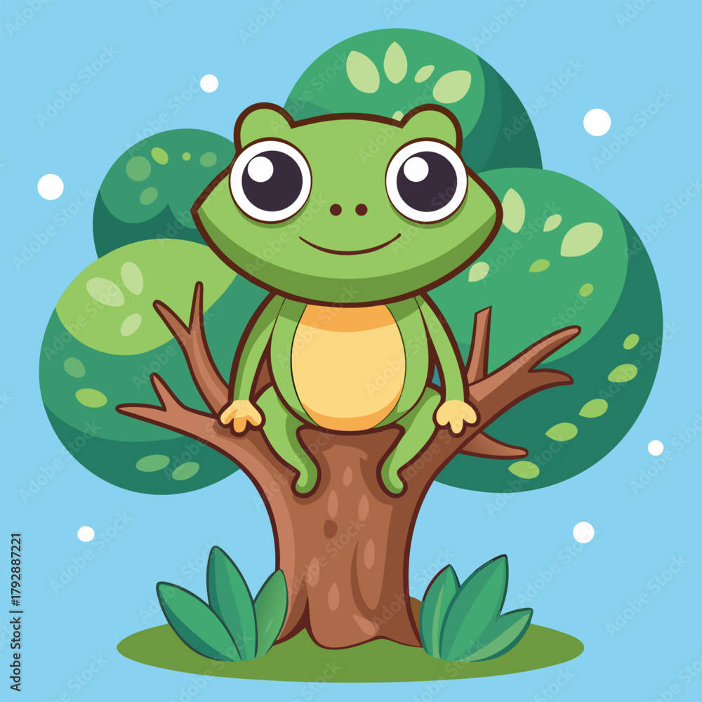 Obraz premium Friendly green cartoon frog character sitting on a tree branch