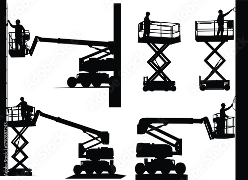 Aerial work platform silhouettes, boom lift and scissor lift operation, construction worker safety, black and white vector illustration, industrial maintenance concept