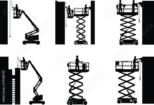 Aerial work platform silhouettes, boom lift and scissor lift operations, construction workers at height, industrial safety equipment, maintenance and inspection vector illustration