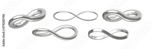 3D infinity symbols with grain texture and abstract design. Minimal 3D infinity loops and Mobius forms with stipple texture and modern monochrome style. Endless geometric render for elegant visuals