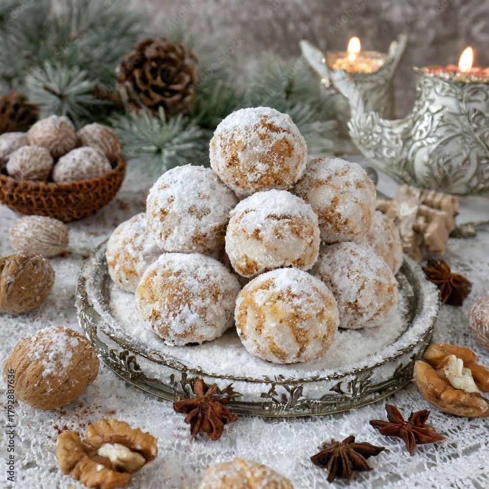 Fototapeta premium Collection of photos of festive snowball cookies, Russian tea cakes, and Mexican wedding cookies, beautifully decorated, powdered sugar-coated, perfect for holiday baking and Christmas treats.