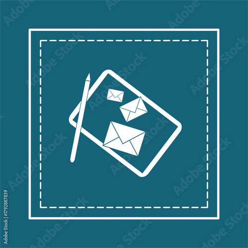 A vector illustration of a tab or notepad and stylus with an envelope symbol on the screen. It is a symbol of communication with electronic mail.