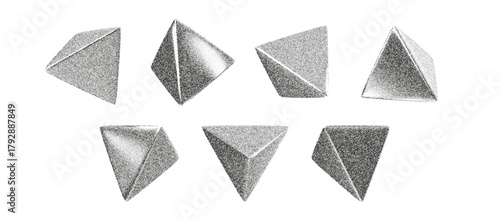 3D triangle pyramid shapes with grain texture and abstract geometric style. These 3D triangles and pyramid forms create a gritty halftone effect with sharp faceted geometry and modern minimal design