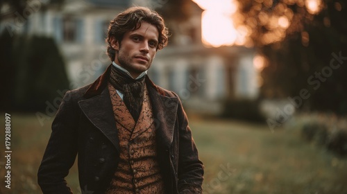 Elegant man wearing historical clothes at sunset