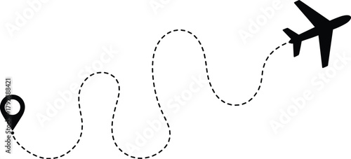 Airplane flying route vector illustration, travel concept with location pin, dashed flight path, tourism journey, aviation navigation, global transportation design