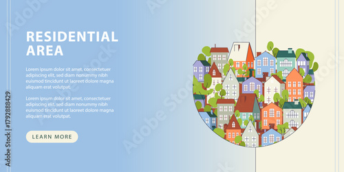 Real Estate, Rent, Residential Area banner with cute cartoon flat town, house illustrations, copyspase, web home page template