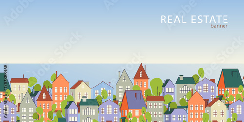 Real Estate, Rent, Residential Area banner with cute cartoon flat town, sea, house illustrations, copyspase, web home page template