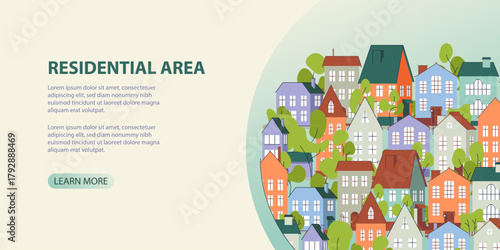 Real Estate, Rent, Residential Area banner with cute cartoon flat town, house illustrations, copyspase, web home page template