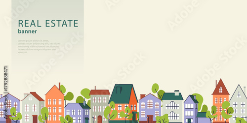 Real Estate, Rent, Residential Area banner with cute cartoon flat town, house illustrations, copyspase, web home page template