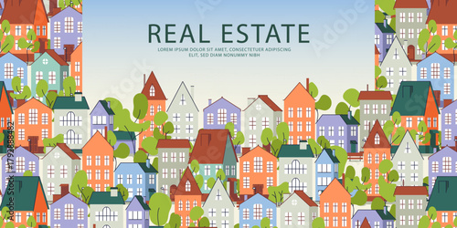 Real Estate, Rent, Residential Area banner with cute cartoon flat town, house illustrations, copyspase, web home page template