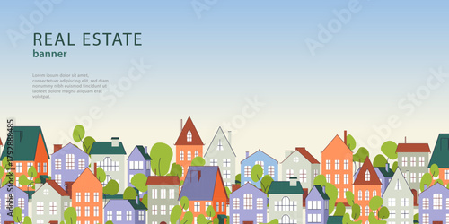 Real Estate, Rent, Residential Area banner with cute cartoon flat town, house illustrations, copyspase, web home page template